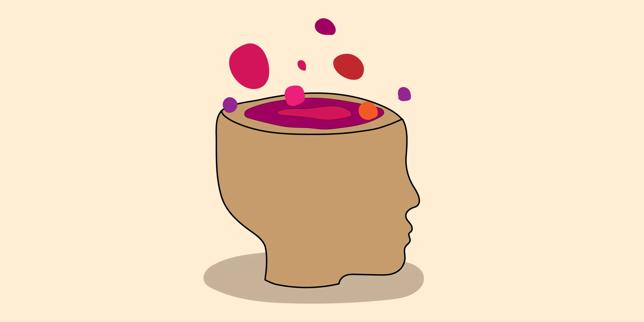 Animated illustration of a human head with red circles popping out of the top demonstrating ideas or thoughts spilling from a persons head