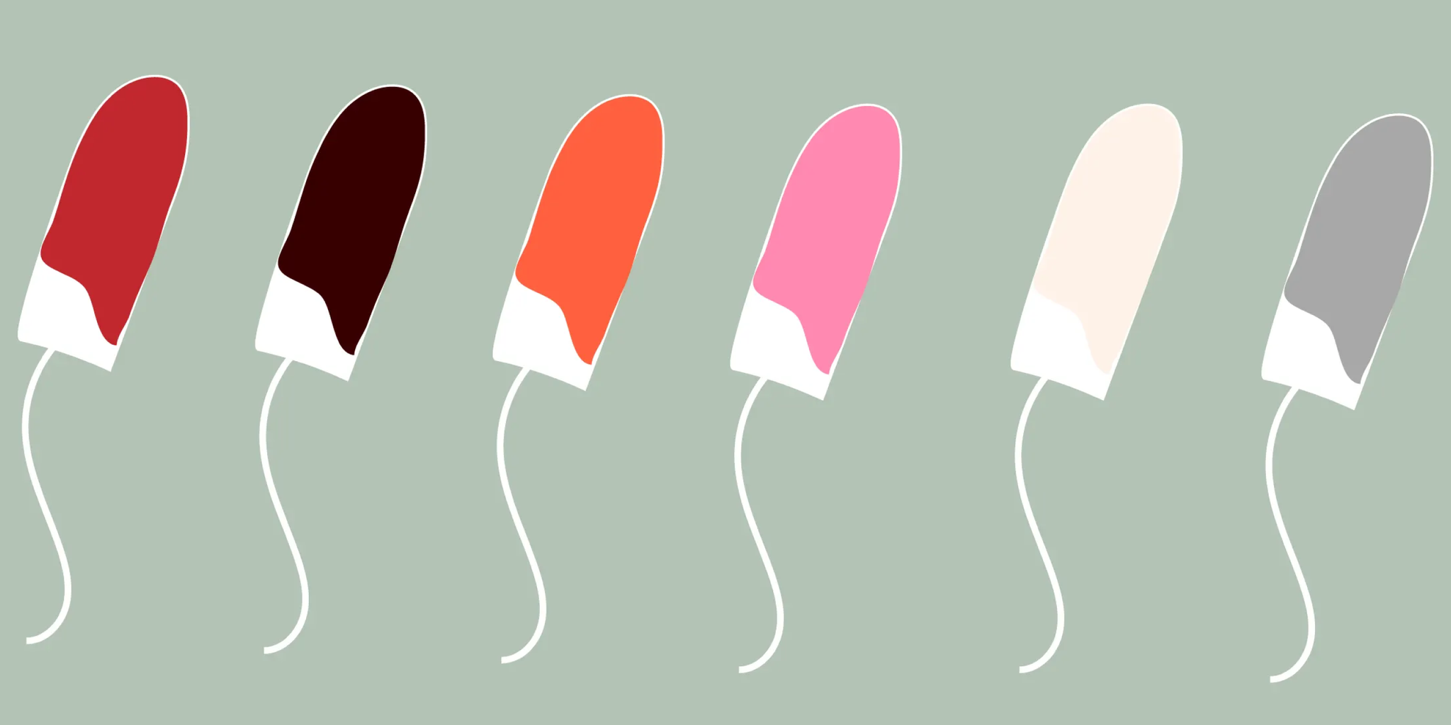 Animated diagram showing six different disposable tampons with different colours representing period blood